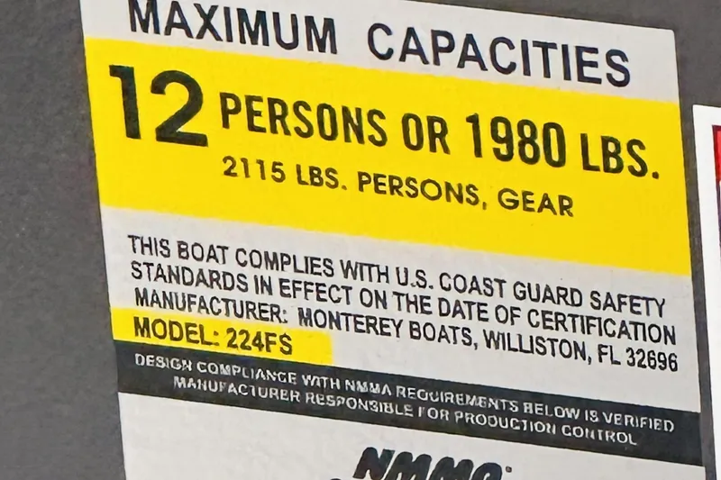 Slide: The Image of 2025 Monterey 224FS boat capacity label, max 12 persons or 1980 lbs, U.S. Coast Guard compliant. - 15