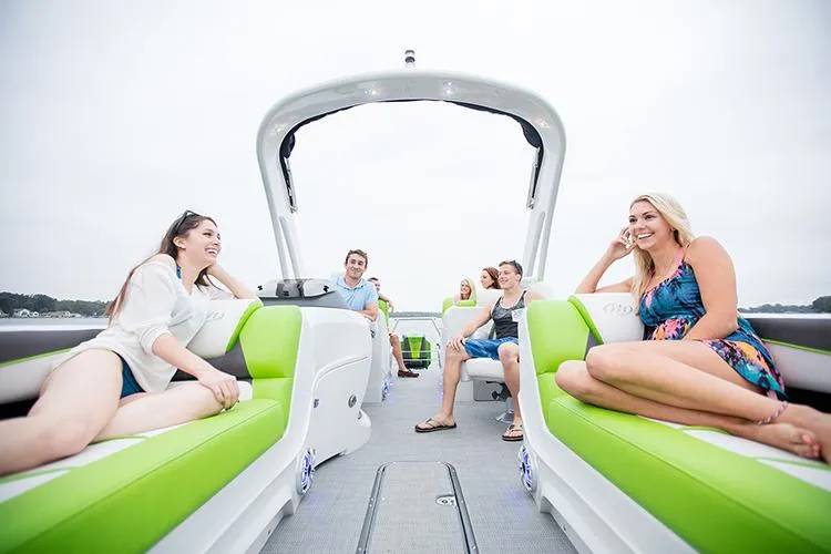 Slide: The Image of 2018 Manitou 25 X-Plode XT RFX boat battery compartment with dual batteries. - 3