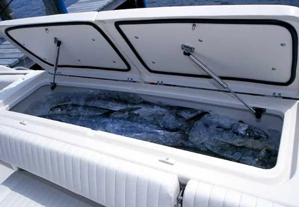 Slide: The Image of 2005 Grady-White Express 330 boat deck with seating and twin engines. - 6