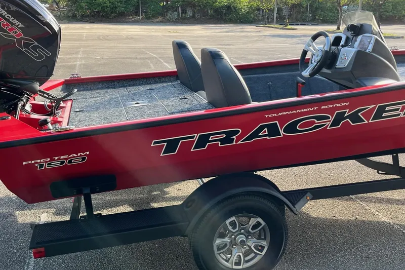 Slide: The Image of 2026 Tracker Pro Team 190 boat, red, parked on trailer, side view. - 59
