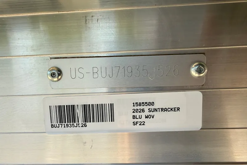 Slide: The Image of Hull identification number and barcode on 2026 Sun Tracker SportFish 22 DLX boat. - 16