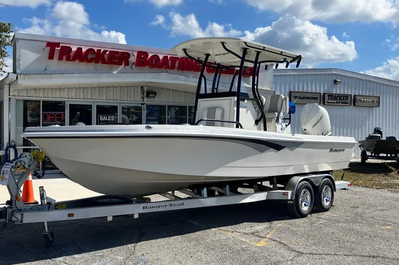 The Image of 2026 Ranger 2360 Bay boat on trailer at Tracker Boating Center dealership. - 0