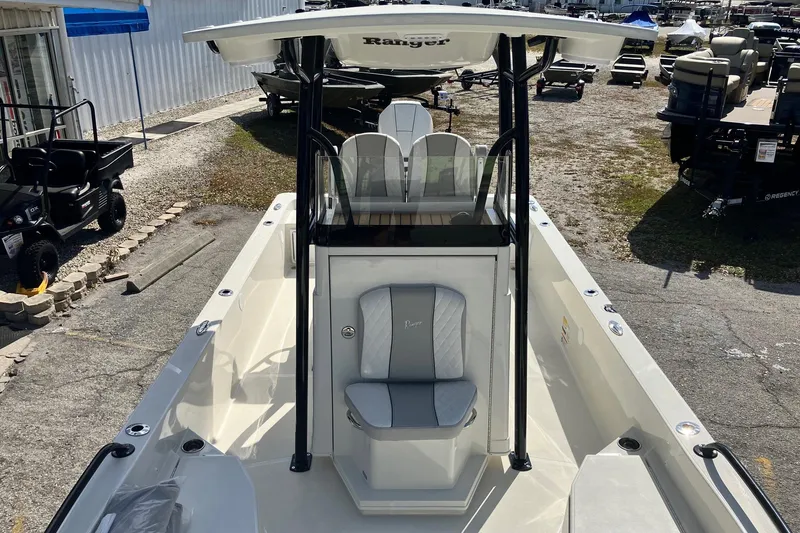 Slide: The Image of 2026 Ranger 2360 Bay boat with T-top and seating, displayed outdoors. - 7