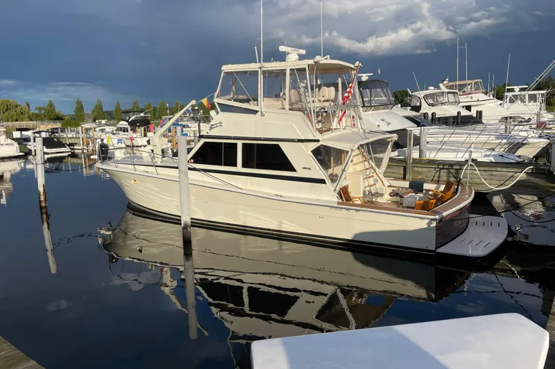 The Image of 1986 Viking 48 Convertible yacht docked at marina under cloudy sky. - 0