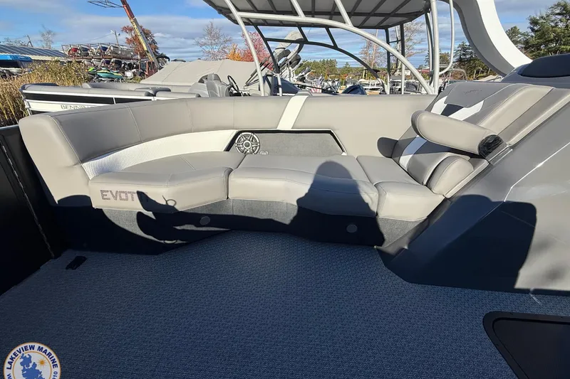 Slide: The Image of Luxurious seating on 2026 Evotti 523CS boat, featuring sleek gray upholstery and modern design. - 7