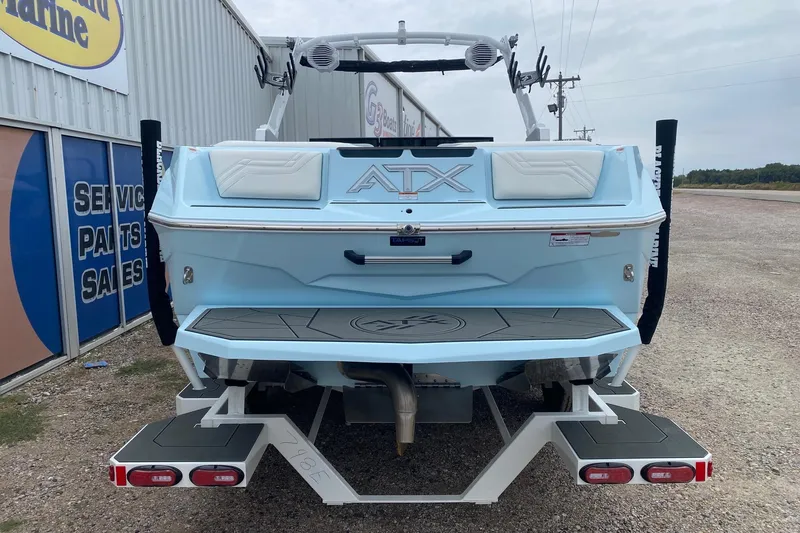 Slide: The Image of 2026 ATX Surf Boats 24 Type-S, light blue, rear view at dealership. - 4
