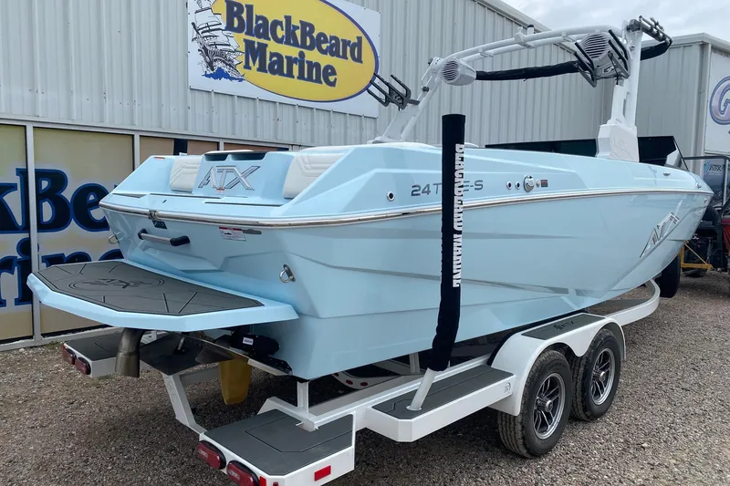 Slide: The Image of 2026 ATX Surf Boats 24 Type-S in light blue at BlackBeard Marine dealership. - 5