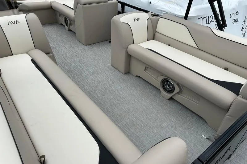 Slide: The Image of Luxurious 2026 Avalon VENTURE REAR BENCH boat interior with beige seating and modern design. - 3