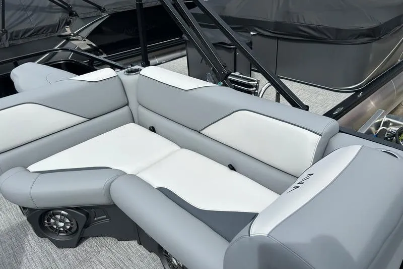 Slide: The Image of 2026 Avalon Venture Fish N Cruise boat with sleek gray and white seating. - 4