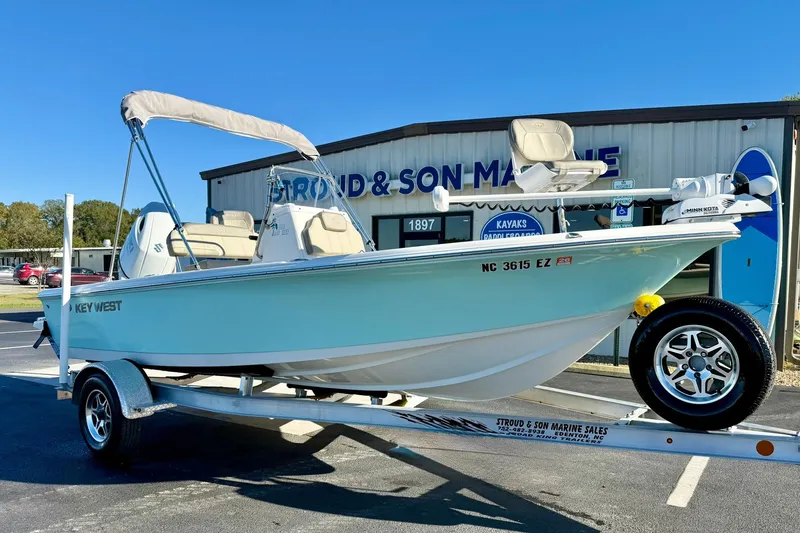 Slide: The Image of 2023 Key West 188 Bay Reef boat on trailer at Stroud & Son Marine. - 4
