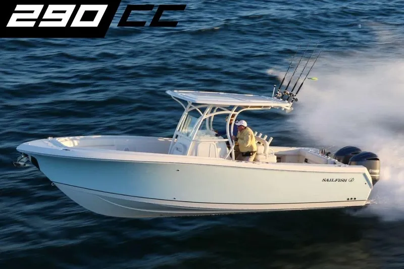 Slide: The Image of 2015 Sailfish 290 CC boat cruising on open water, equipped with fishing rods. - 31