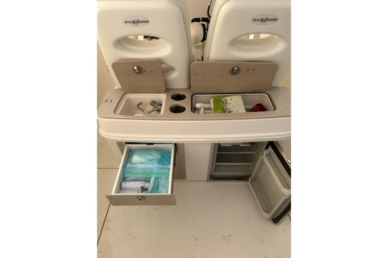 Slide: The Image of 2015 Sailfish 290 CC boat interior with dual 300 horsepower engines. - 9