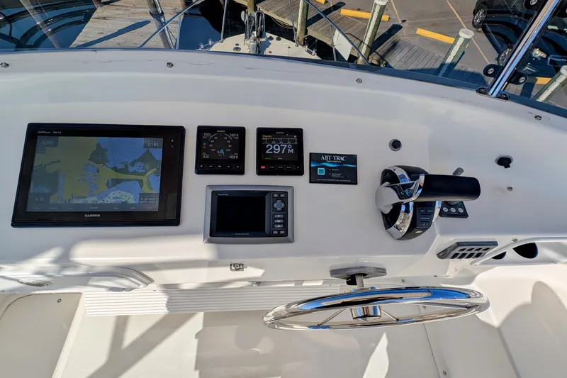 Slide: The Image of Control panel of a 2015 American Tug 435 with navigation and throttle systems. - 16