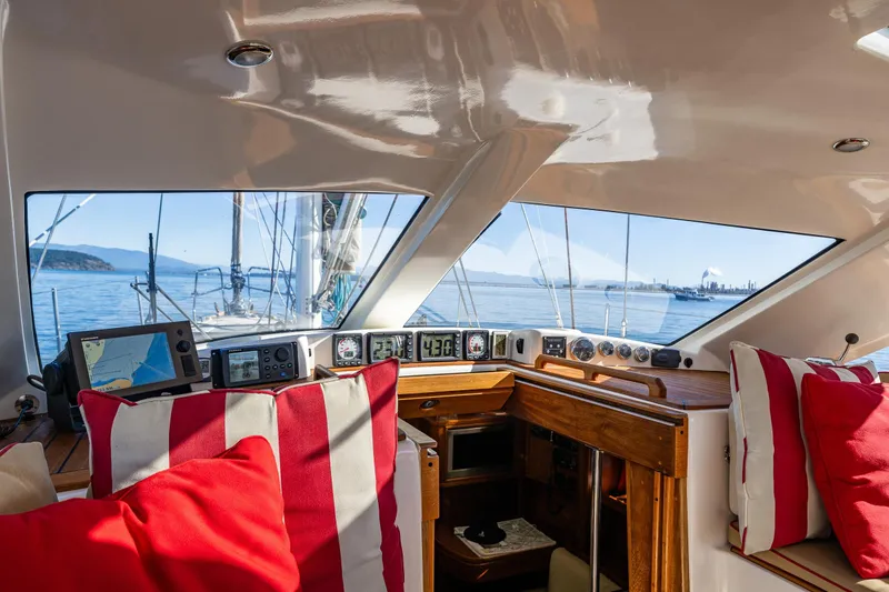 Slide: The Image of Luxurious interior of 2013 Ron Holland 50 yacht with navigation equipment and scenic ocean view. - 15