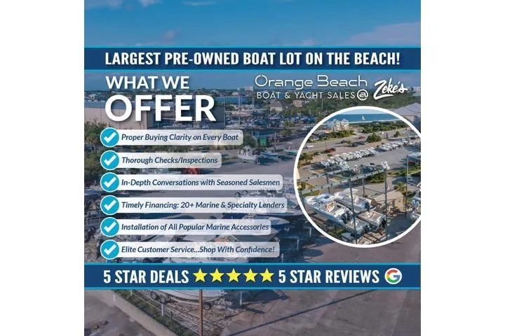 Slide: The Image of Largest pre-owned boat lot advertisement for Orange Beach Boat & Yacht Sales, featuring Cobia 220 Center Console. - 11