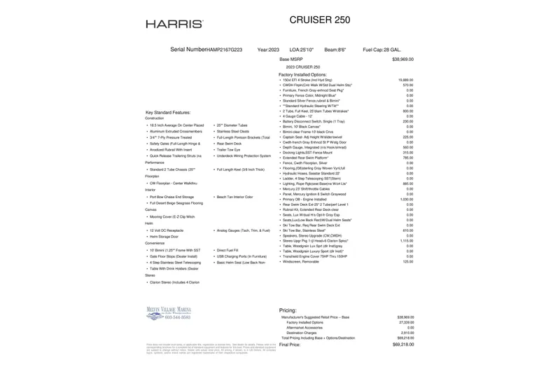 Slide: The Image of 2023 Harris Cruiser 250 features and pricing details sheet. - 11