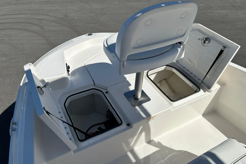 Slide: The Image of 2019 Bayliner Element F18 boat interior with storage compartments and swivel seat. - 14
