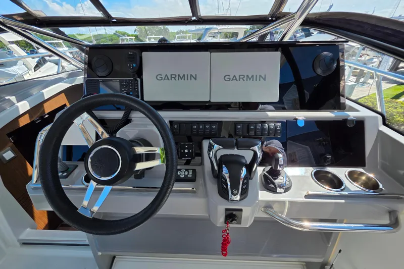 Slide: The Image of 2021 Jeanneau Leader 10.5 WA yacht with sunbathing deck, docked at marina. - 30