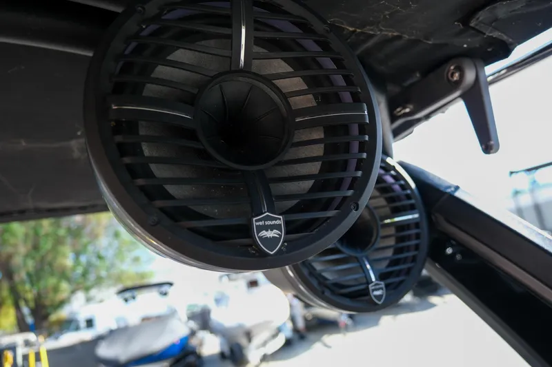 Slide: The Image of 2021 Tigé 21ZX boat speakers, Wet Sounds brand, mounted under canopy. - 25