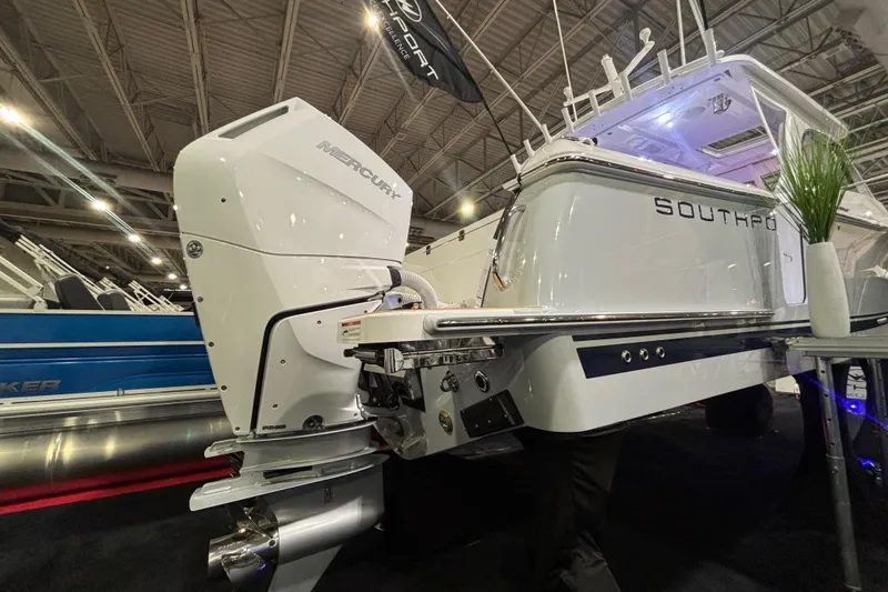 Slide: The Image of 2026 Southport 33 DC boat hull displayed at Irwin Marine Center. - 23