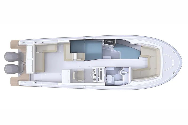 Slide: The Image of 2026 Southport 33 DC boat with Mercury engine displayed indoors. - 25