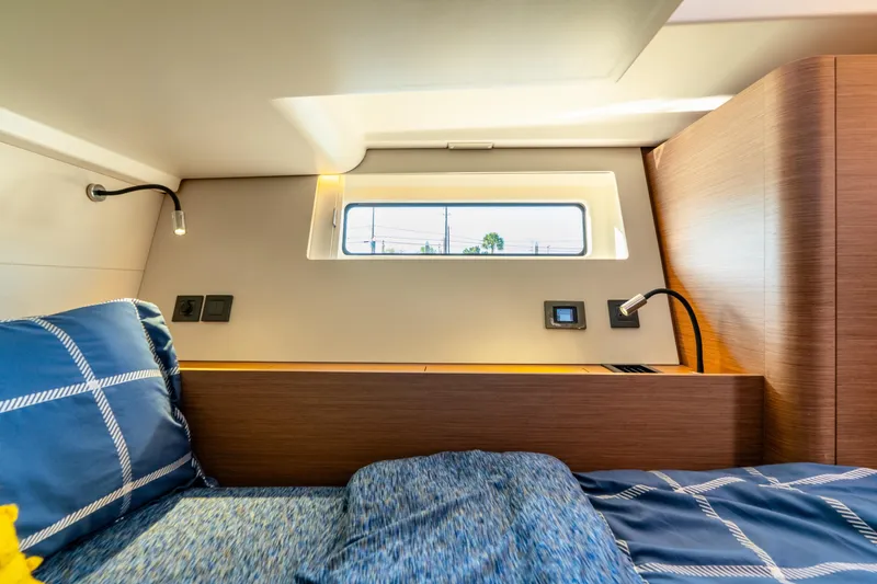 Slide: The Image of Luxurious cabin interior of 2021 Beneteau Oceanis Yacht 54 with modern design elements. - 53