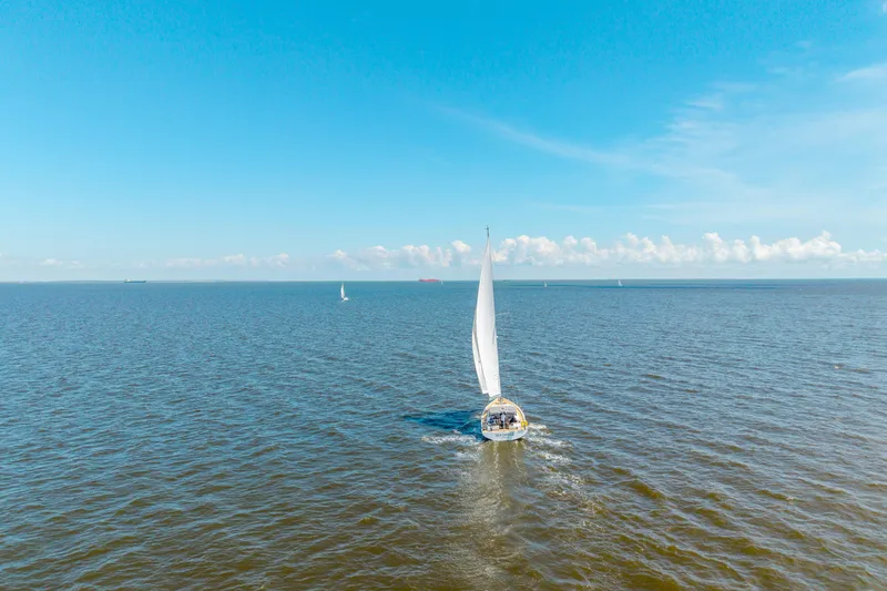 Slide: The Image of Sailing yacht Beneteau Oceanis Yacht 54, 2021 model, cruising on open sea under clear blue sky. - 84