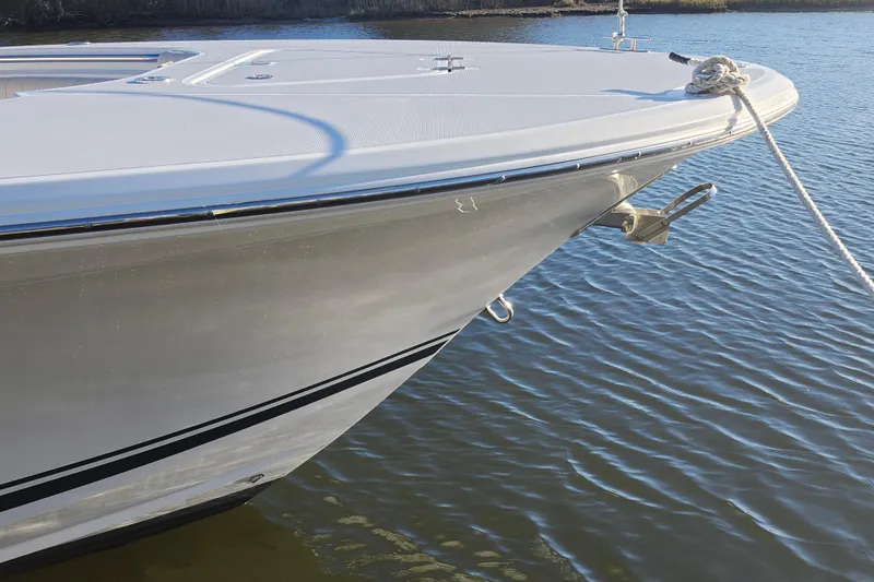 Slide: The Image of 2015 Southport 29 Tournament Edition boat bow on calm water. - 27