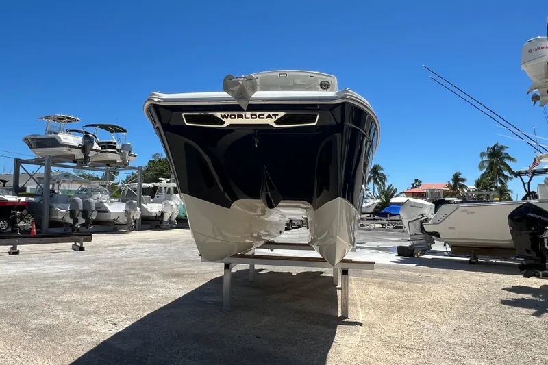 Slide: The Image of 2024 World Cat 260 CC-X boat on display under clear blue sky. - 3