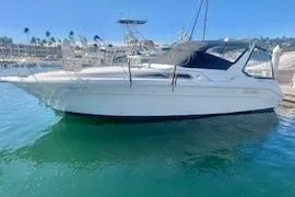 The Image of 1990 Sea Ray 310 Sundancer boat docked in a marina under clear blue skies. - 1