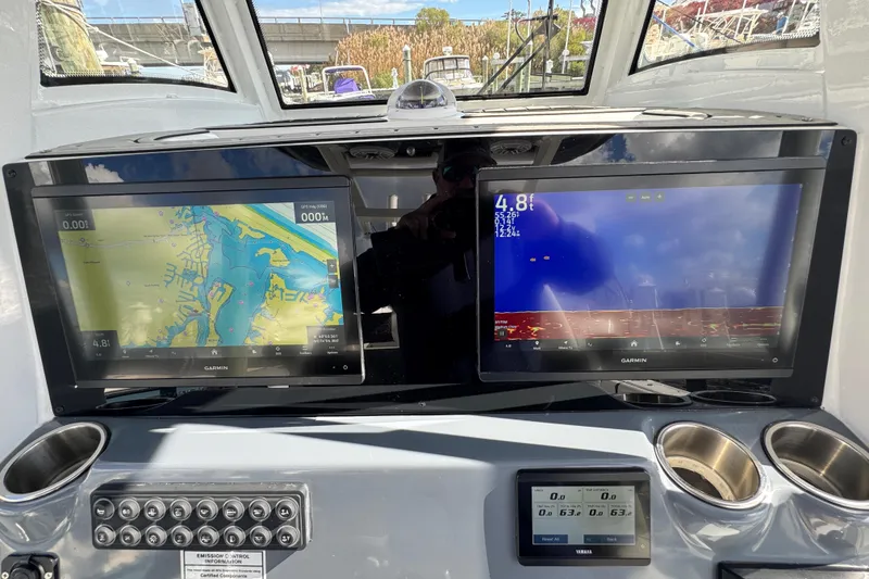 Slide: The Image of Dashboard of 2025 Tidewater 302 CC Adventure with dual Garmin displays. - 43