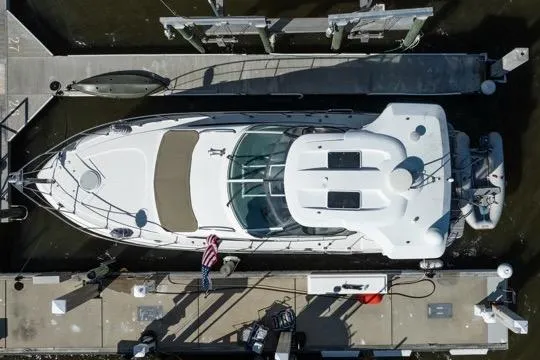 Slide: The Image of Aerial view of 2005 Cruiser Yachts 405 EXPRESS docked at marina. - 122
