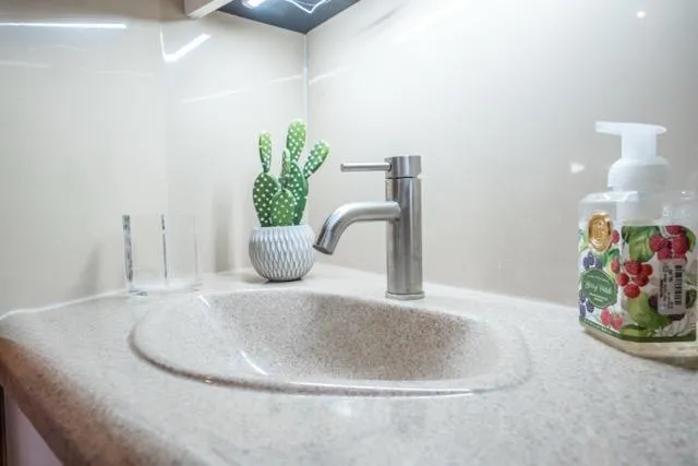Slide: The Image of Modern yacht bathroom sink with faucet, cactus decor, and soap dispenser on Cruiser Yachts 405 EXPRESS. - 46