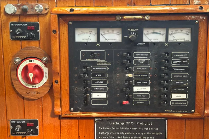 Slide: The Image of Electrical control panel on a 1978 Tayana 37 sailboat, featuring switches and gauges. - 27