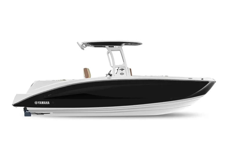 Slide: The Image of 2022 Yamaha Boats 255 FSH Sport E, sleek black and white design, side view. - 12