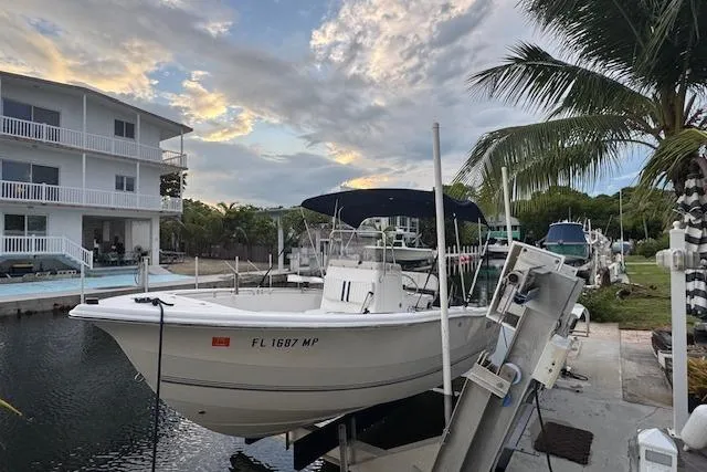 The Image of 2003 Sea Pro 206 Center Console boat docked near waterfront home, palm trees, and cloudy sky. - 0