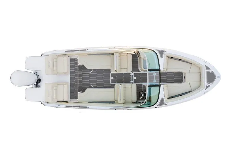 Slide: The Image of 2026 Regal LX6 boat interior with luxurious seating and cup holders on water. - 11