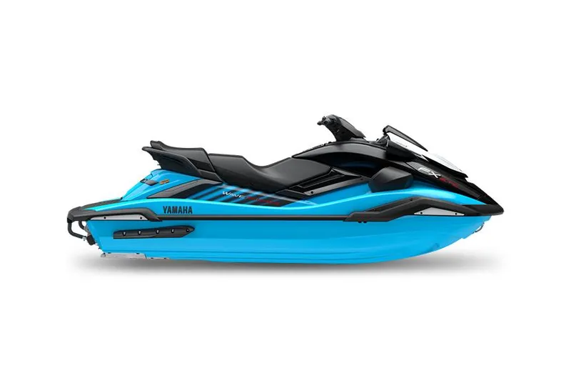 The Image of 2025 Yamaha WaveRunner FX SVHO in showroom, vibrant blue color, displayed on a stand. - 0