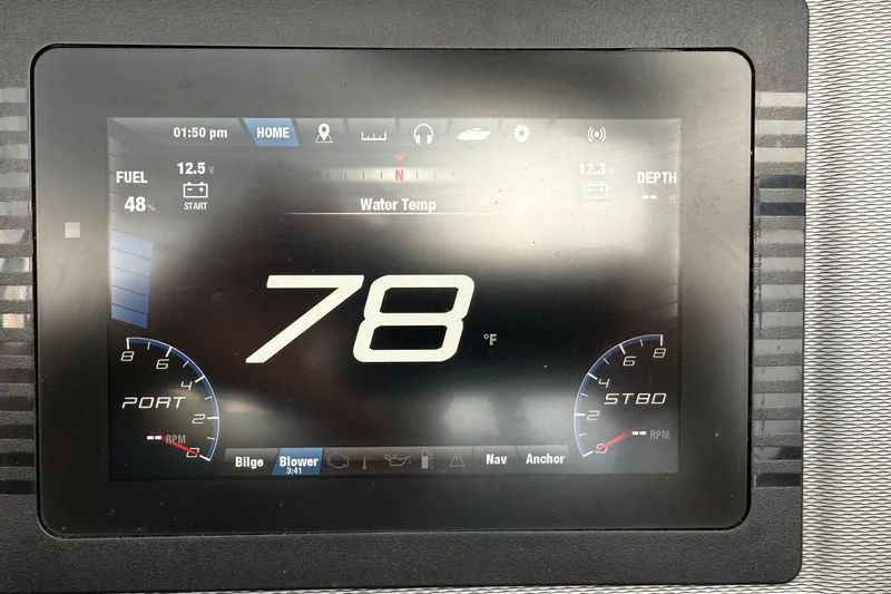 Slide: The Image of Dashboard display of a 2019 Yamaha AR240 boat showing water temperature at 78°F. - 11