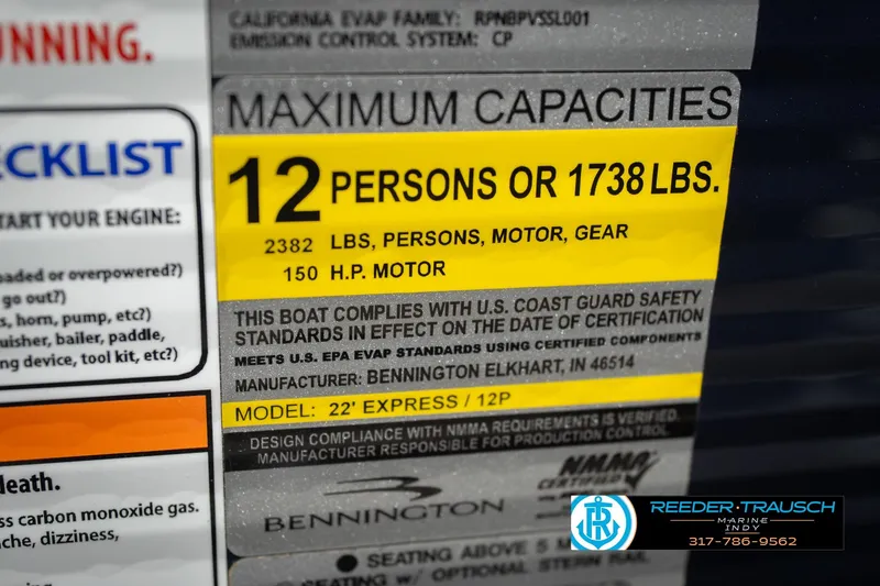 Slide: The Image of 2024 Bennington 23 LSB boat capacity label, 12 persons or 1738 lbs, 150 HP motor. - 70