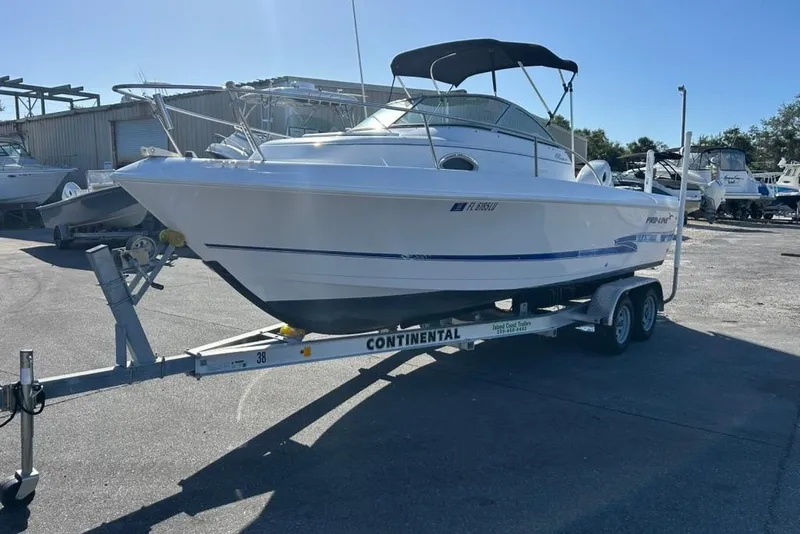The Image of 2002 Pro-Line 22 Walk boat on a Continental trailer in a sunny marina. - 1