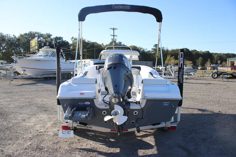 Slide: The Image of 2026 Tidewater 180 CC Adventure boat, rear view, parked on gravel lot. - 5