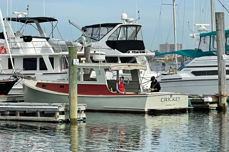Slide: The Image of 1981 Holland 32 Sport Cruiser docked at a marina under clear blue skies. - 6