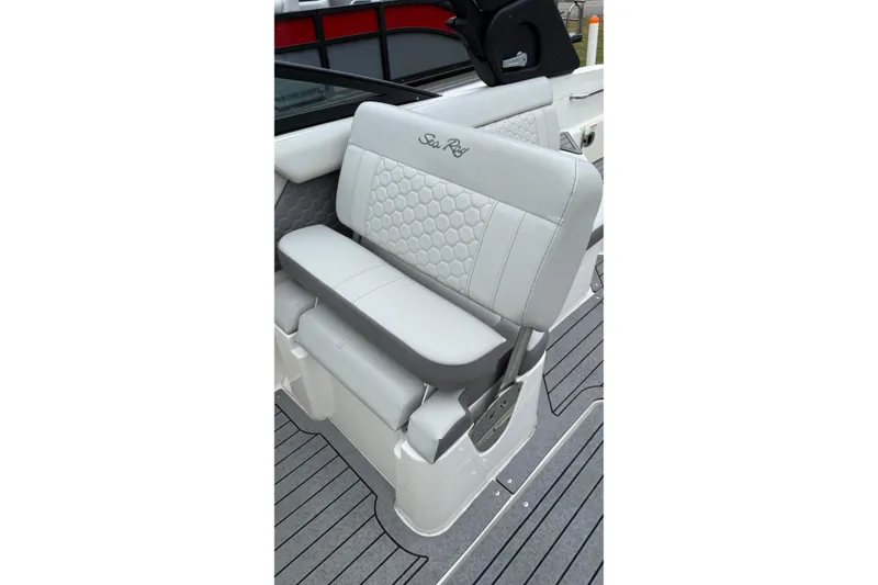 Slide: The Image of 2021 Sea Ray SDX 250 boat seat with elegant gray upholstery and hexagonal pattern. - 5