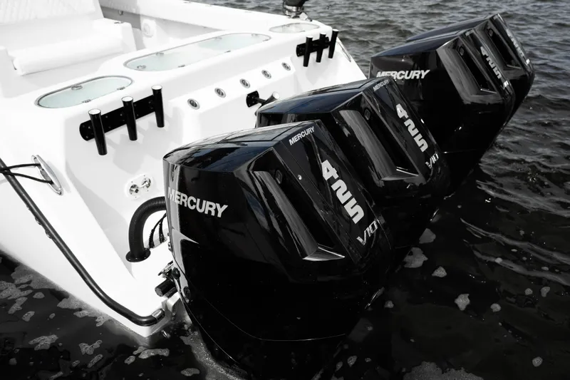 Slide: The Image of 2024 Front Runner 37 Catamaran with four powerful Mercury 425 outboard engines. - 25