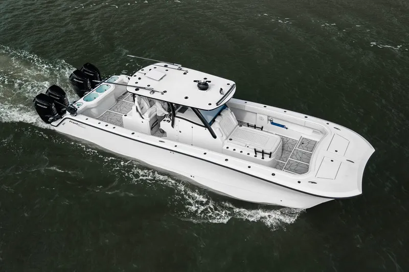 Slide: The Image of 2024 Front Runner 37 Catamaran cruising on water, showcasing sleek design and powerful engines. - 27
