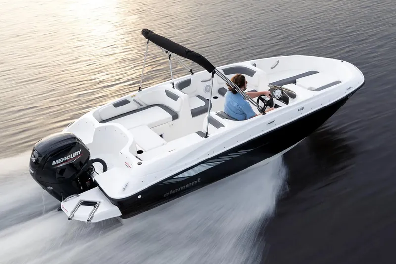 The Image of Manufacturer Provided Image: 2025 Bayliner Element E18 boat cruising on water, featuring sleek design and Mercury engine. - 1