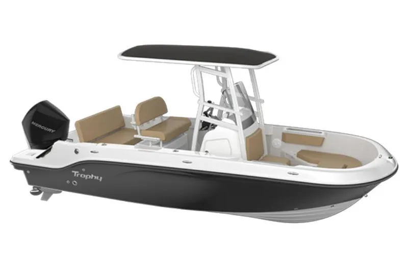 The Image of 2026 Bayliner Trophy T20CC boat displayed indoors with Mercury outboard motor. - 0