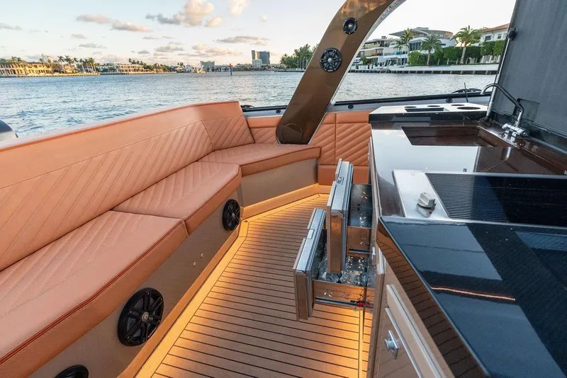 Slide: The Image of Luxurious DeKoning 43 yacht interior with elegant seating and modern amenities, 2023 model. - 15