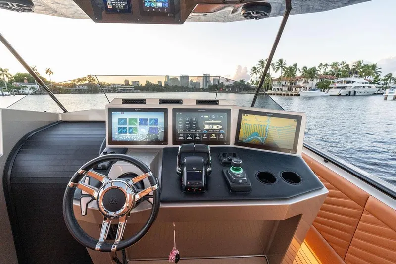 Slide: The Image of Helm of 2023 DeKoning 43 yacht with advanced navigation displays and luxurious interior. - 9